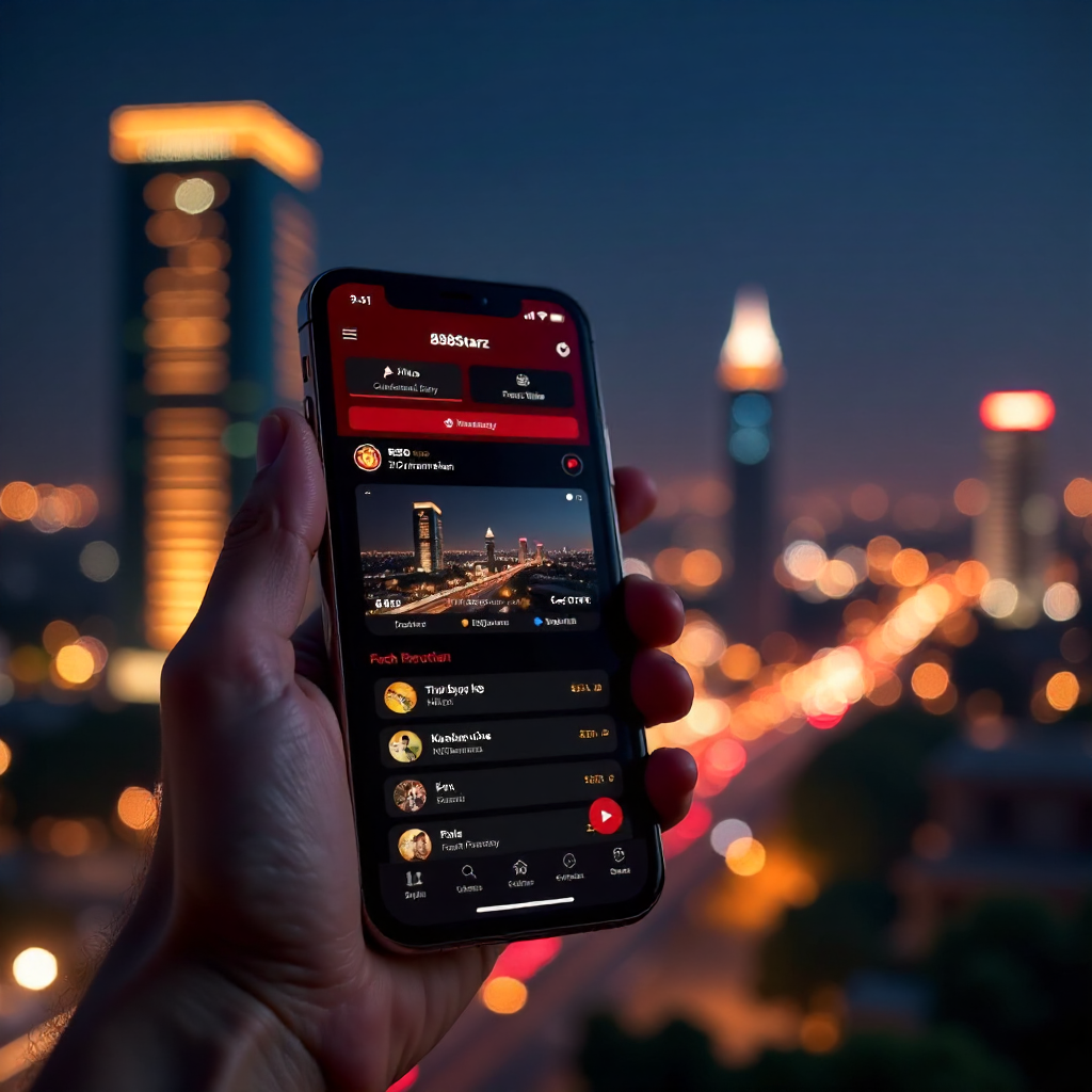 A hand holding a luxury smartphone displaying the official 888starz Uzbekistan app with a sleek red and black interface, background is the Tashkent City skyline with the Hilton and Nest One towers at night, vibrant golden and red bokeh lights, 3D golden c